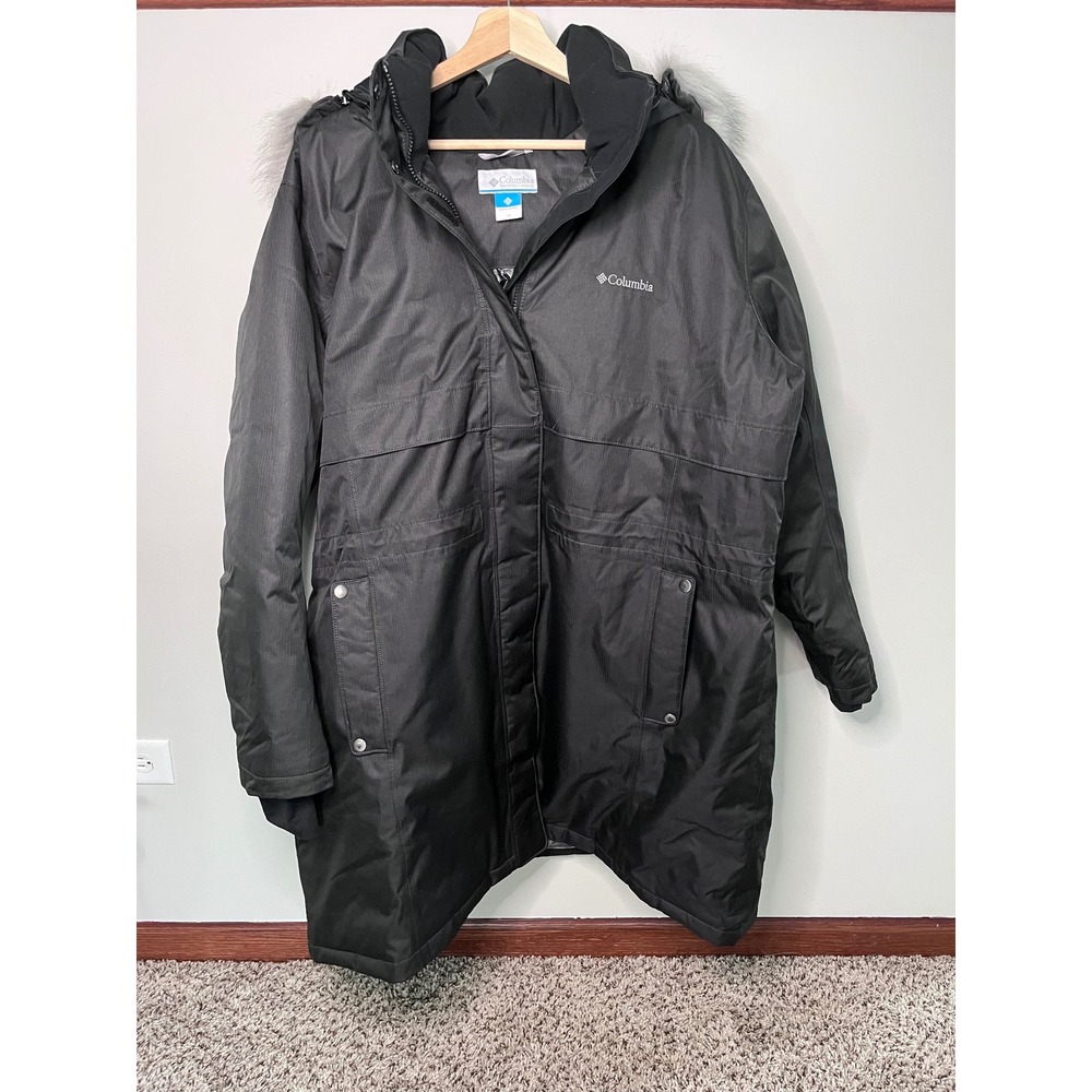 Columbia Omni-Heat Black Long Winter Parka Faux Fur Hood 3X AFX2024CSC-0011